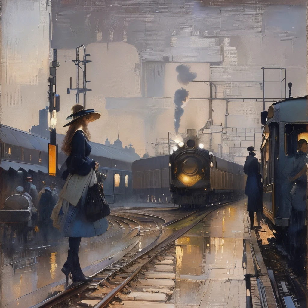 Painting of a woman walking along a road with a train running on the tracks, Cityscape, Inspired by Tom Roberts, inspired by Jean Béraud, Oil on canvas (1921), 1 9 2 7 Oil on canvas, Oil on canvas (1921)”, Inspired by Elmer Bishop, At the waterfront, evening mood