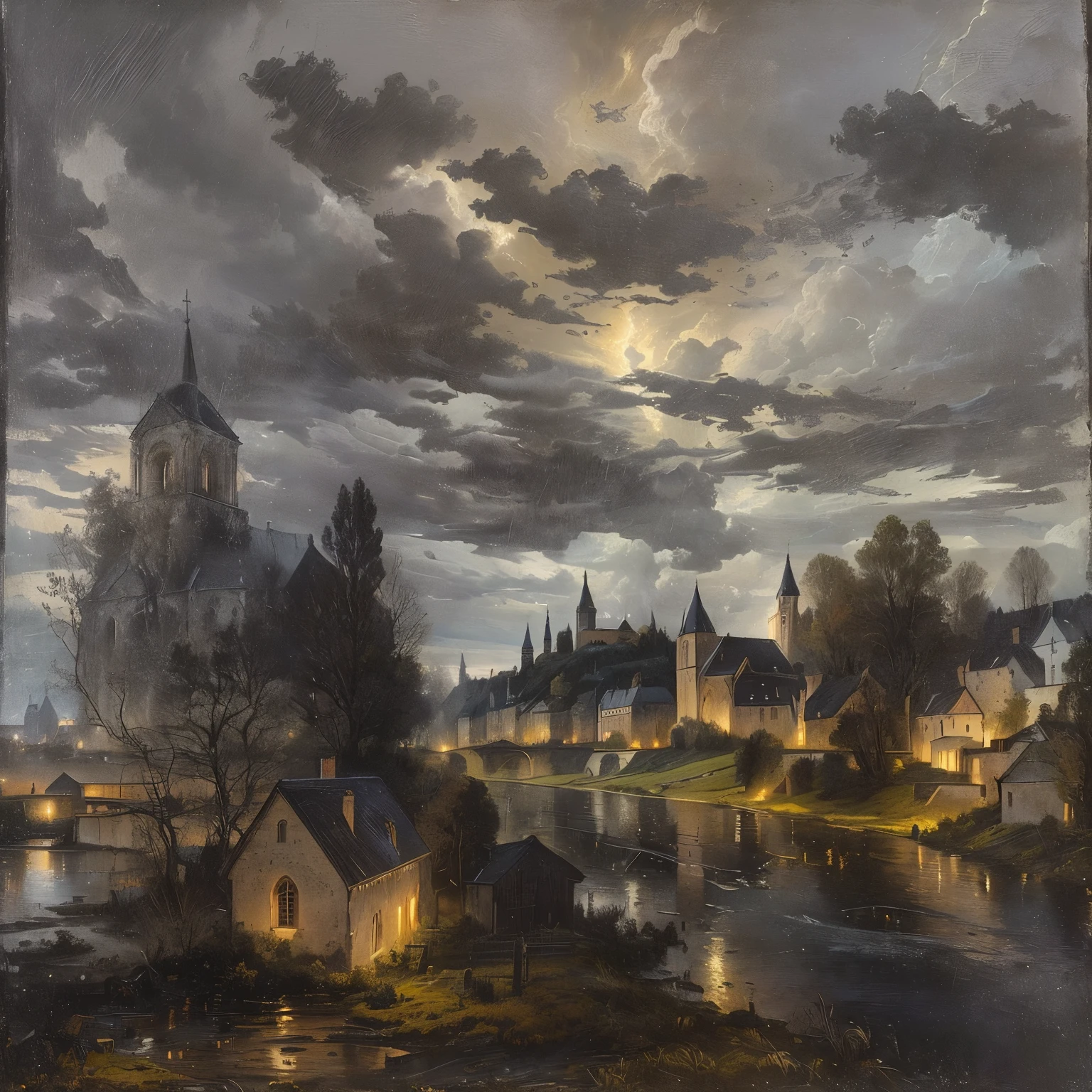 Landscape with a church and a river, Stormy landscape, evening storm, Inspired by Vincenzo Ilori, village, Bertalan Szekely. Atmospheric, dark landscape, Charles＝Inspired by François Daubigny, Wojciech Weiss, Somber scene, dark, Inspired by Eugène Delacroix