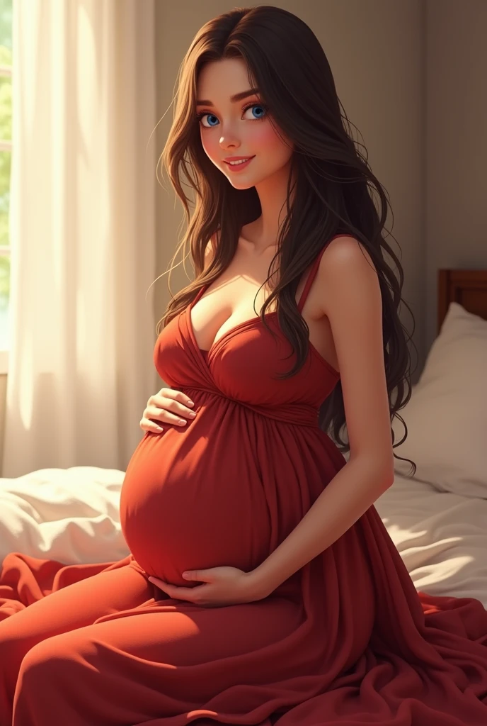 Attractive and busty woman, pregnant, smiling