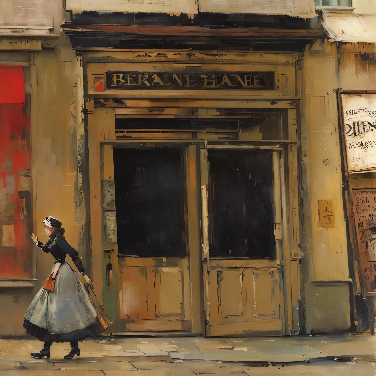 A woman walking past a storefront with a sign, By Bernard Buffet, By John Bellany, inspired By Bernard Buffet, By George Hendrik Breitner, John Caple, By Walter Sickert, Hernan Law, Robert Freeburn, By Maurice Utrillo, By Ben Shahn, inspired By George Hendrik Breitner