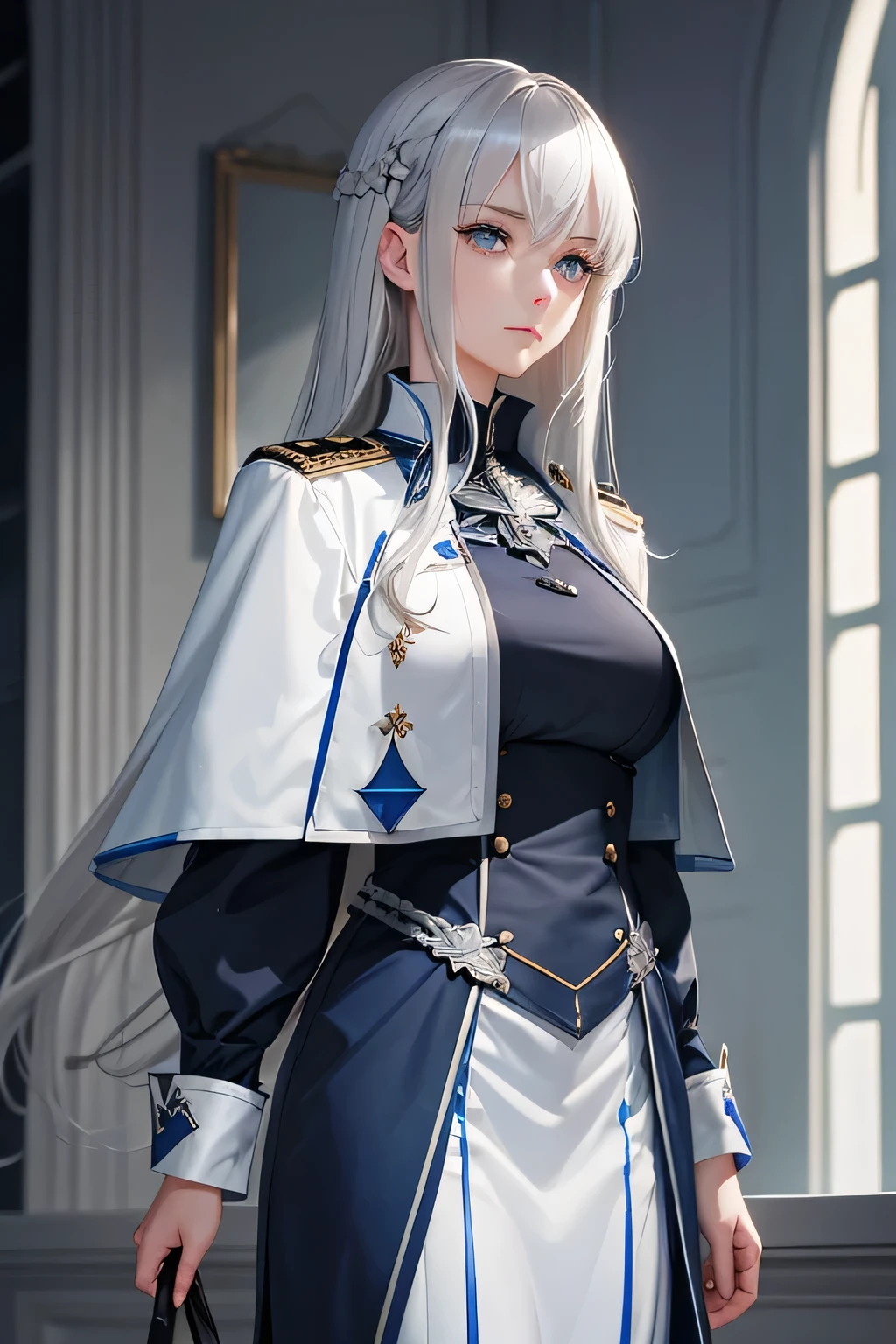 "A silver-haired, blue-eyed woman with a slender frame, wearing a knight training school uniform with elegant details, radiating intelligence and calmness."