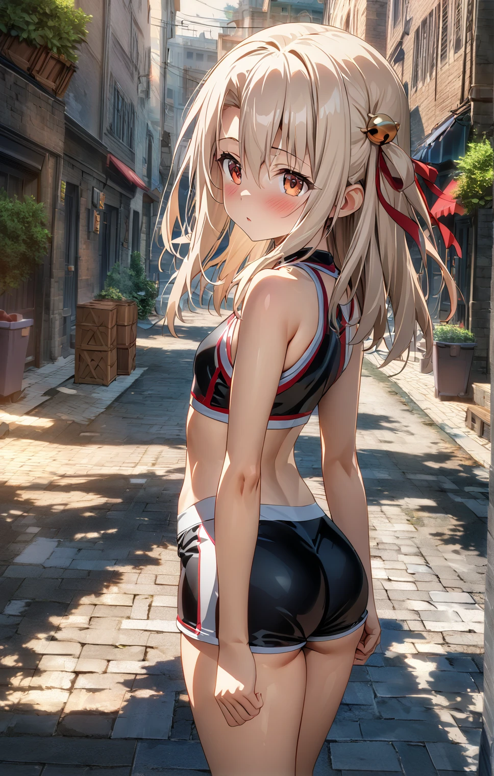 Ultra-detailed, 8K quality, 1 person, HDR, Perfect contrast, Perfect illustration, masterpiece, illyasviel von einzbern, small lolicon, anime alleyway, tight school gym blue micro shorts, micro loose white school gym crop top, small petite curvy body