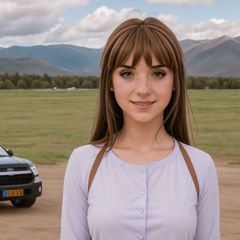 1 girl, alone, looking at viewer, smile, bangs, brown hair, brown eyes, full body, outdoors, sky, day, lips, cosplay, land vehicle, building, motor vehicle, freckles, realistic, car, photo background, real world location