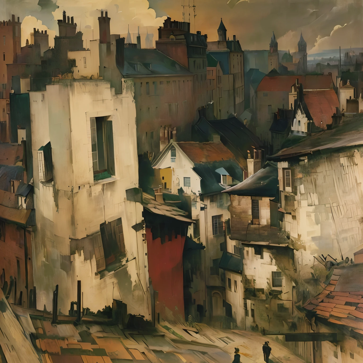 A picture of a city with many buildings and a man on a roof, William Connor, William Congdon, Inspired by Edmund Blampid, Burne Hogarth, Painting by Frances Hodgkins, inspired By Charles Kandall, By Charles Kandall, William McTaggart, Christopher Wood, By Maurice Utrillo, Augustus John