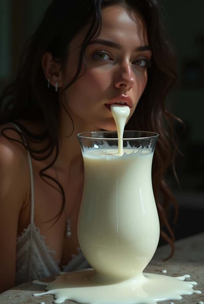 beautiful detailed eyes, beautiful detailed lips, extremely detailed eyes and face, long eyelashes, young woman, megan fox face, drinking milk, happy expression, photorealistic, cinematic lighting, 8k, high resolution, hyper detailed, intricate details, dramatic lighting, warm color palette, masterpiece, professional digital art