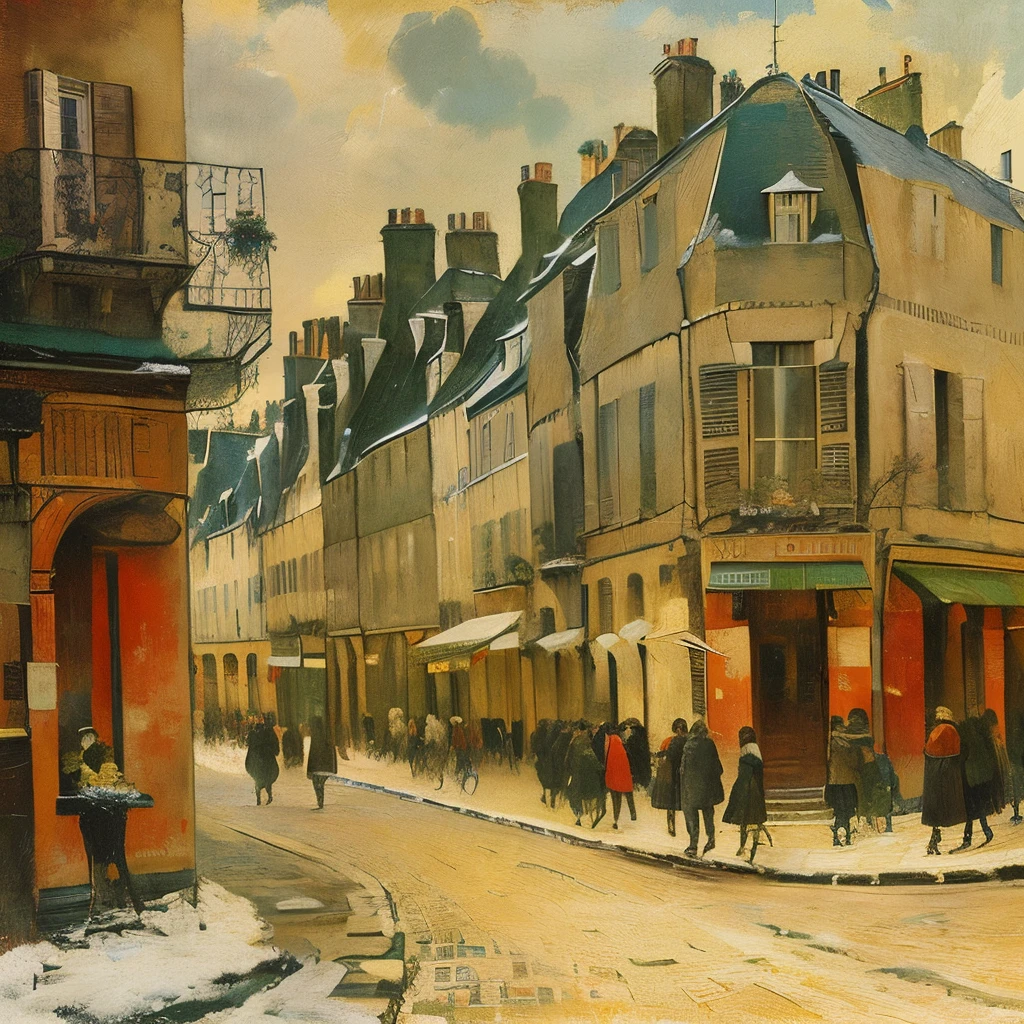 painting of a Cityscape with a building and people walking, By Maurice Utrillo, inspired By Maurice Utrillo, By Robert Berenyi, by Eugene Brands, By Emile Bernard, Cityscape, by André Beauneveu, Bernard Meninsky, Gerard Ernest Schneider, Painting by Orobidad Camille Pissarro