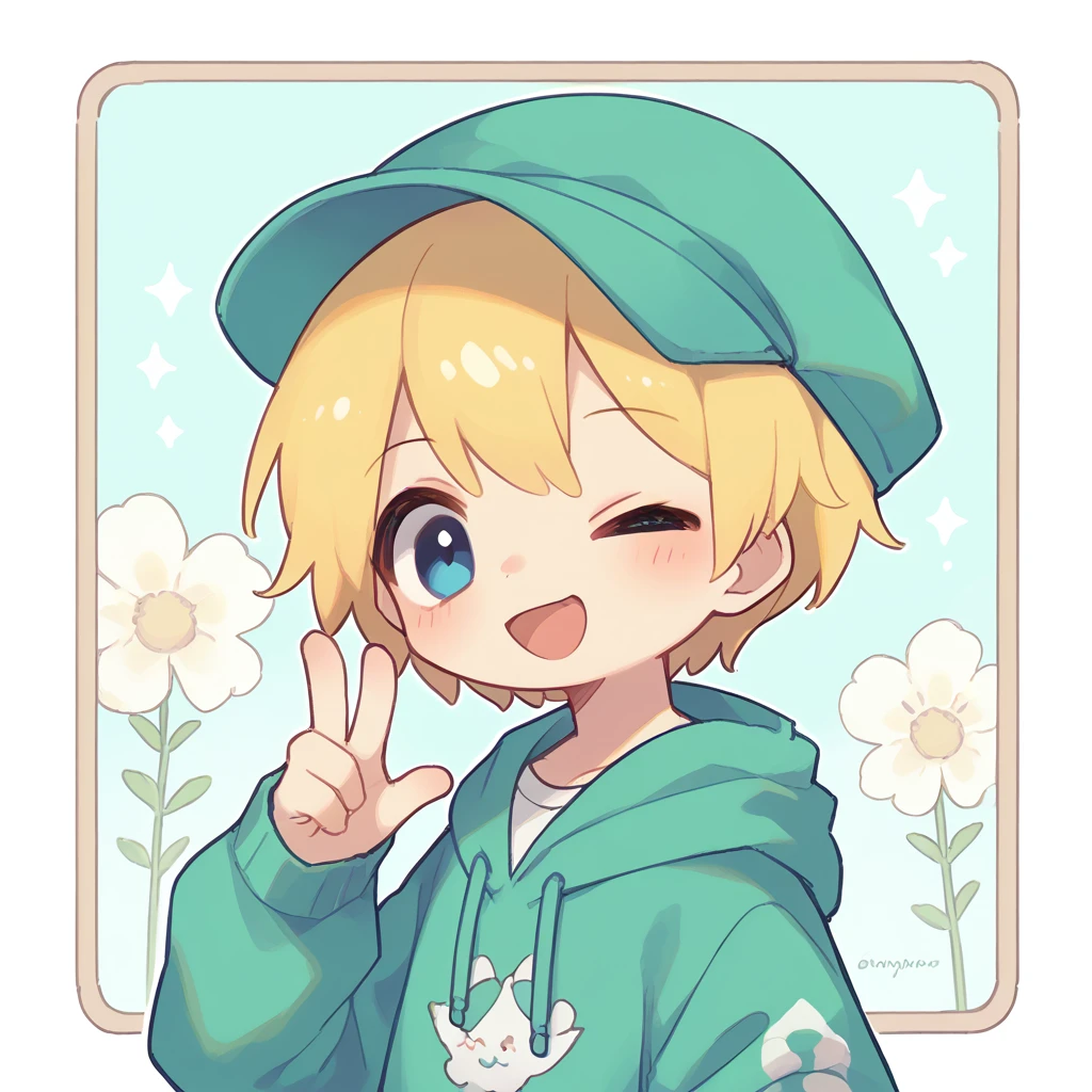 wink、1 boy、yellow hair、happy、sign of peace、Profile picture, Short hair, Hoodie, blue eyes, Green hat