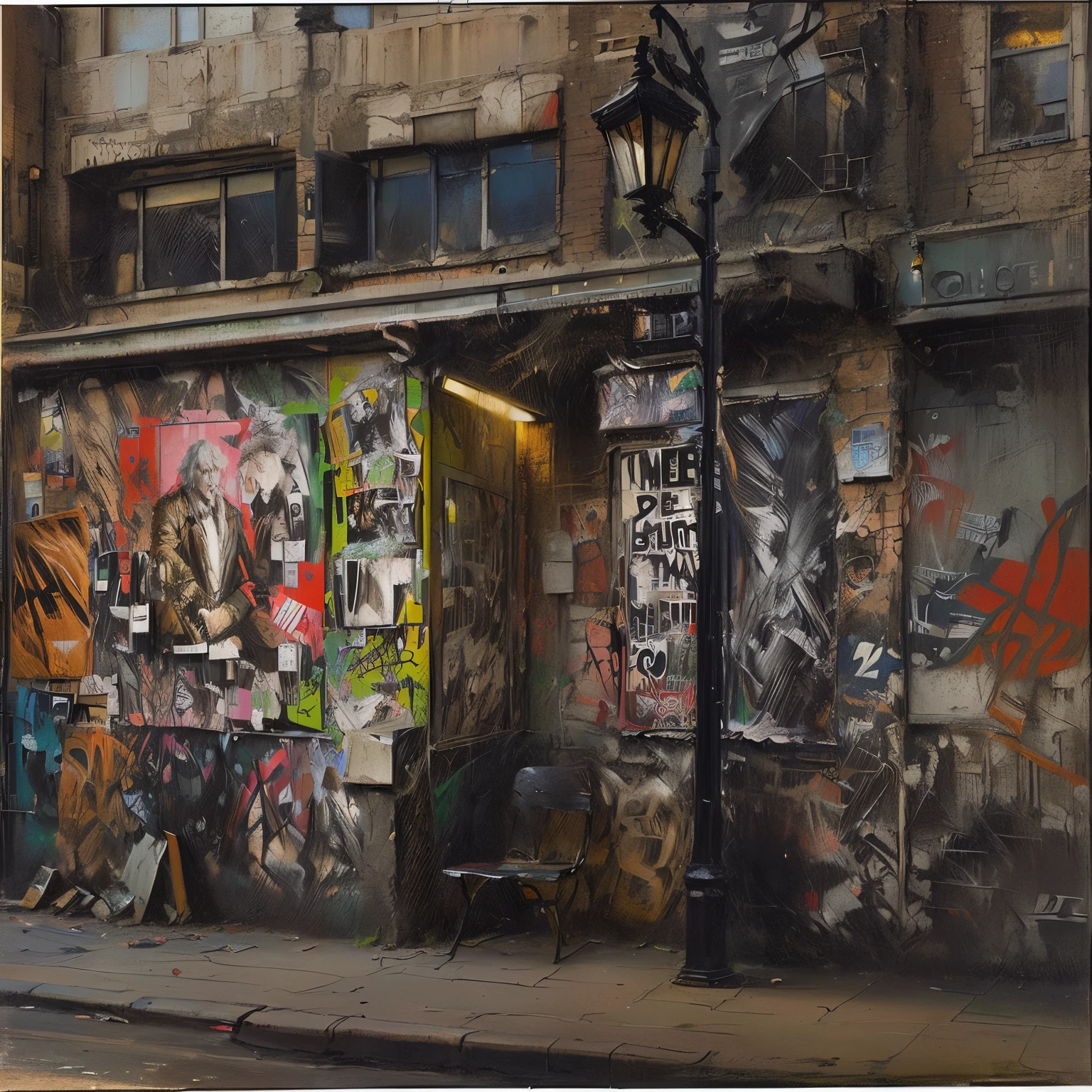 Picture of a street corner with a wall covered with posters and a street lamp, Kevin Connor, inspired Leon Kossoff, Leon Kossoff, Antonio Saura, Nick Fudge, Nicola Samri, by Richard Carline, Jeffrey Dyer, Tom Scott RSA, Graffiti and posters on the wall, Bernard Meninsky