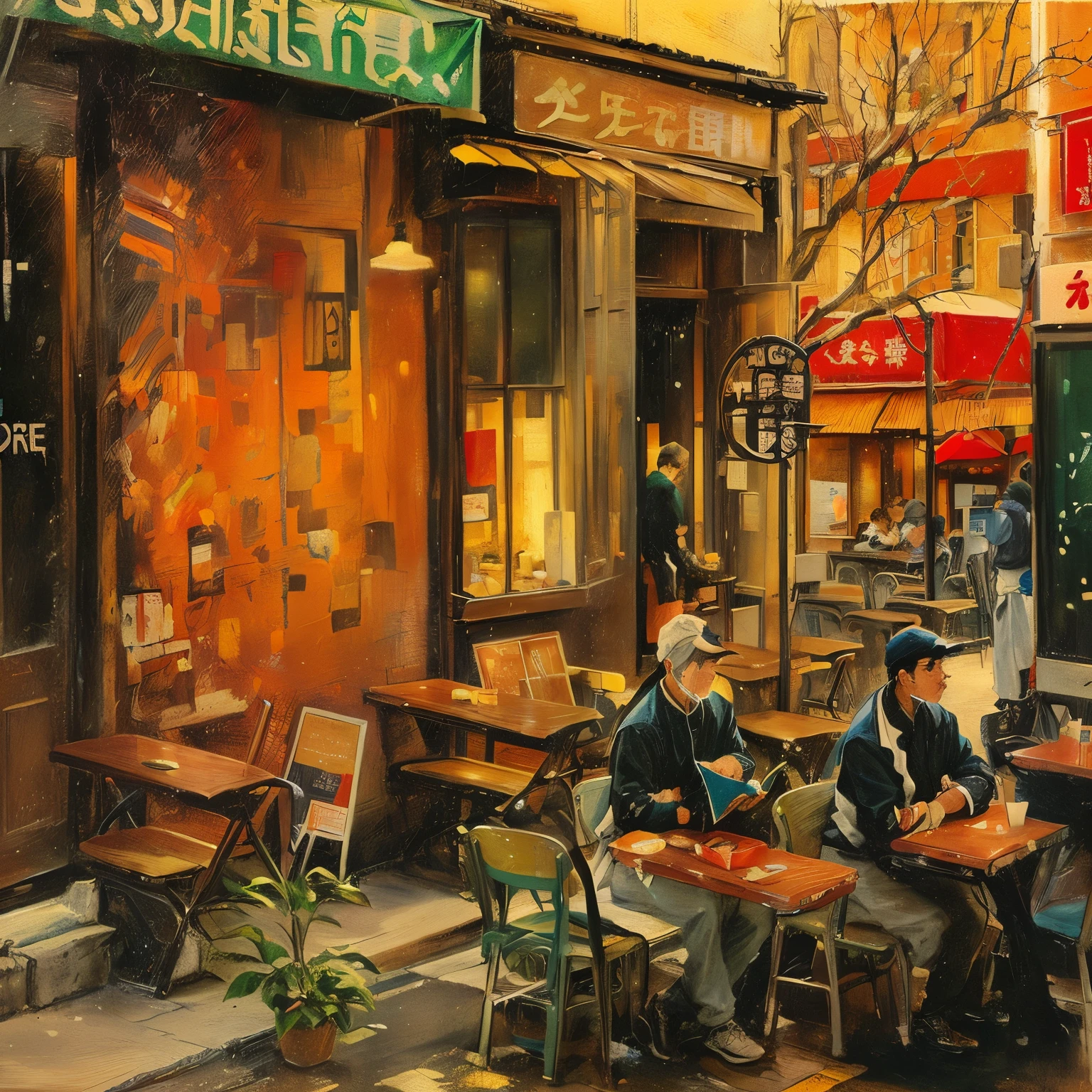 Painting of a man sitting at a table outside a restaurant, Drawing faithful to Yuzo Saeki&#39;s style、