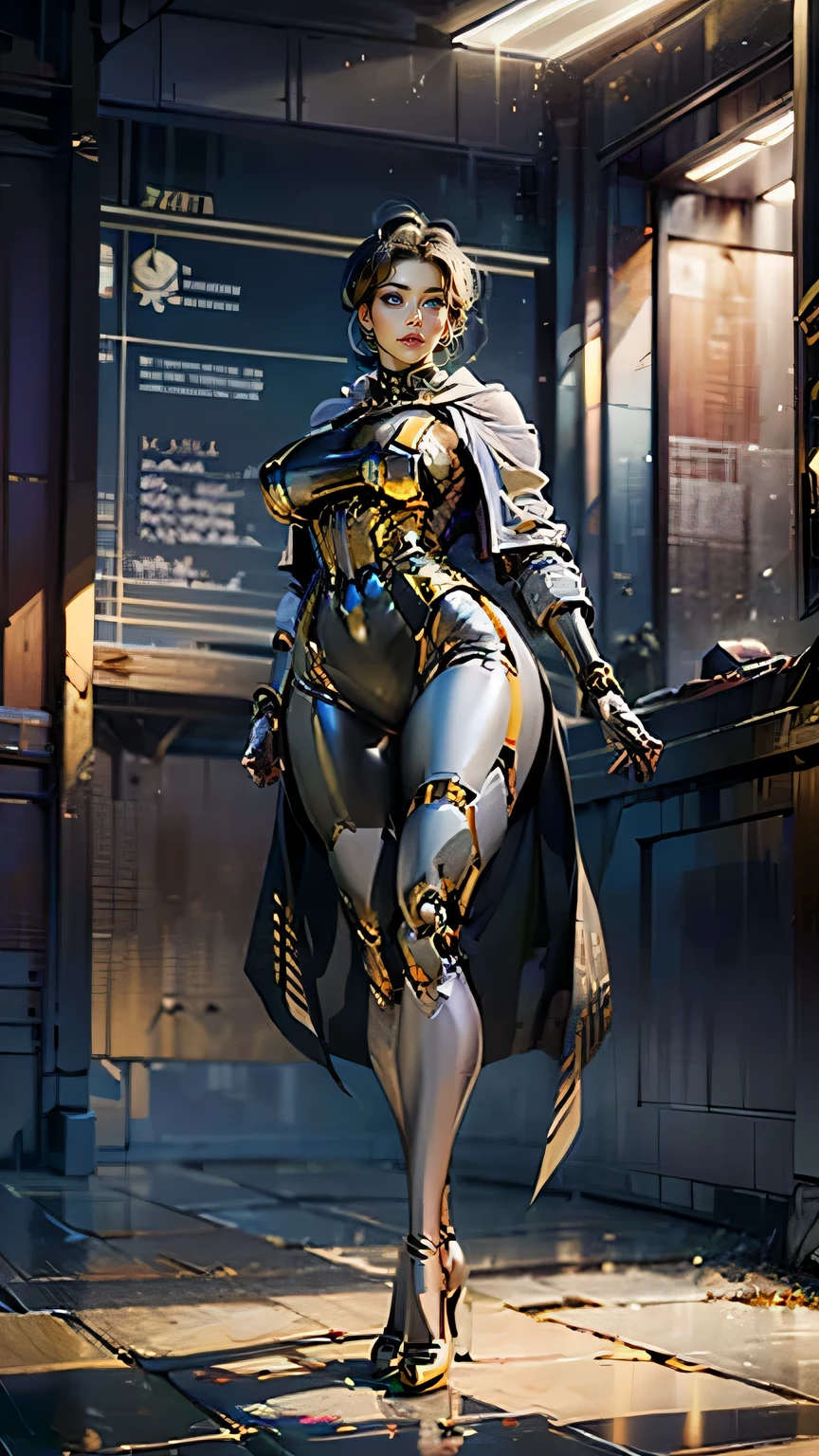 masterpiece, best quality, research professor, full body standing, extremely busty, gold platform pumps, very long legs, large breasts, very thicc, raytraced, tight gold plated black cybernetic bodysuit generously framed in gold, hoop earrings, 1girl, cyberfusion, wearing long white lab coat, orbital station command center background, full gold robotic legs