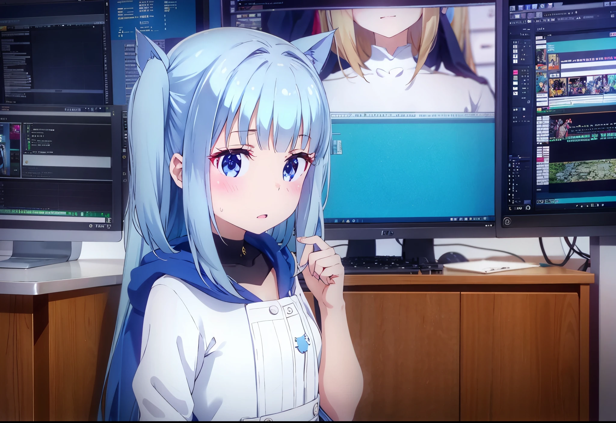 great quality 4k with lots of detail ray tracing 1 girl in dj outfit with blue hood with black and white short skirt long white stockings nekomimi blue eyes multi colored hair white with blue and purple in recording studio perfect anatomy perfect hands blush on cheeks  