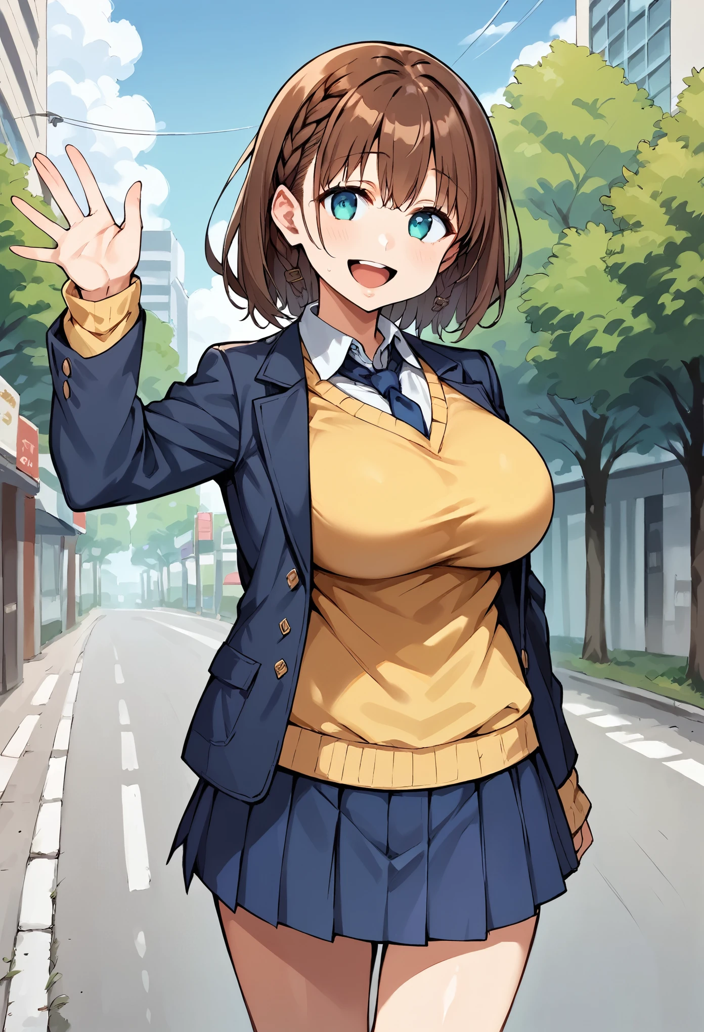 score_9, score_8_up, score_7_up, score_6_up, source_anime, BREAK 1girl, solo, aichan, brown hair, cyan eyes, braid, blue blazer, yellow sweater vest, blue necktie, blue skirt, pleated skirt, large breasts, looking at you, happy, blue sky, tree, city, waving