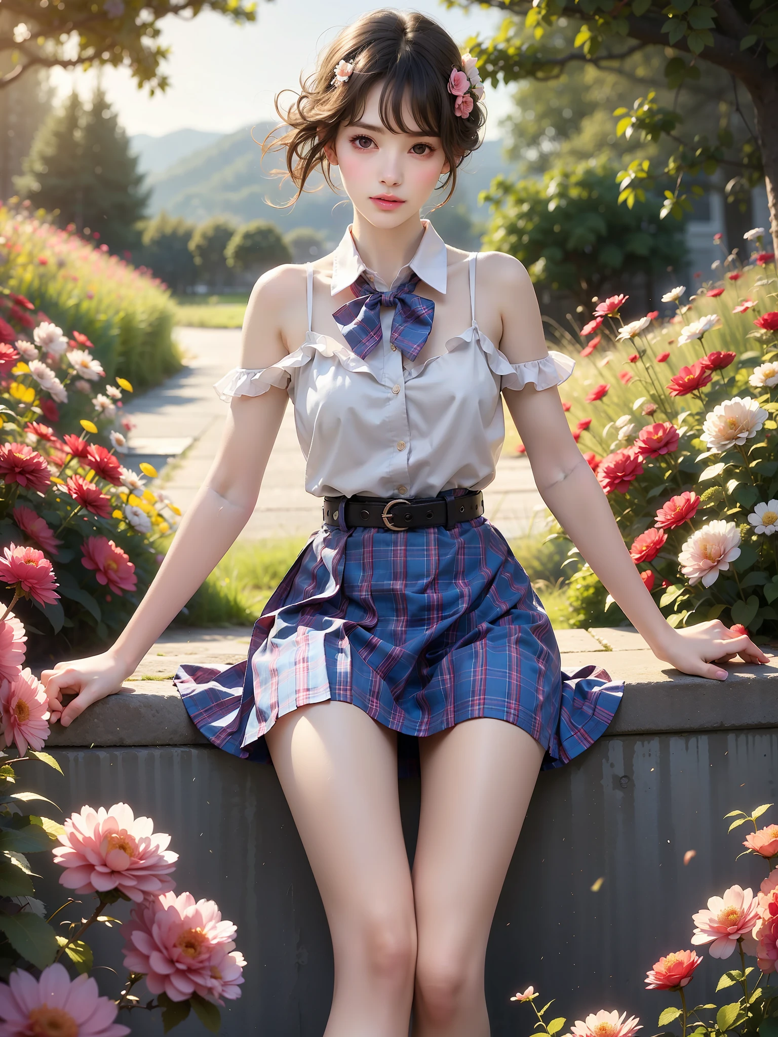 skirt,plaid necktie,belt,plaid skirt,black shirt,bowtie, (High quality details), 1 Girl, solo, Young women, Elegant Posture, (Natural reclining posture), (Focus on natural body posture and correct anatomy:1.3), (Perfect leg proportions:1.3)，(True and accurate leg shape:1.2), ((Natural leg position)), The skirt is very short, One hand stroked the hem of the skirt, Lift the hem of the skirt, Bare shoulders, Natural posture, Soft expression, Exquisite makeup, Soft blush, Bright Eyes, Soft lips, Flower fairy style, ((Anatomically accurate)), (Real natural legs), Smooth skin, Soft lighting, high resolution, 8K Ultra HD, Clear focus, Professional photography effects, Random elegant scenes, Multi-angle shooting