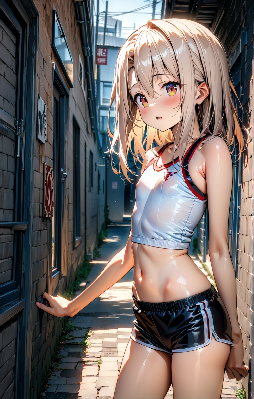 Ultra-detailed, 8K quality, 1 person, HDR, Perfect contrast, Perfect illustration, masterpiece, illyasviel von einzbern, small lolicon, school alleyway, tight school gym micro shorts, micro loose white school gym crop top, small petite curvy body, 80 cm body length 