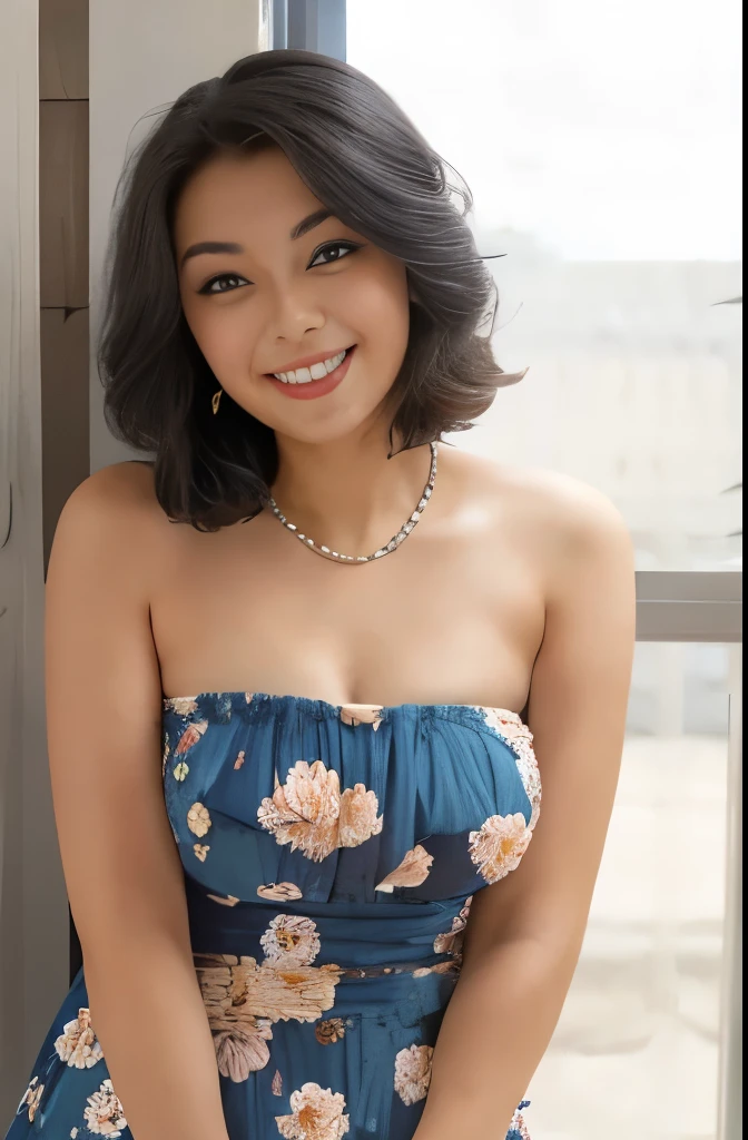 "prompt": "A woman with short black hair is sitting on a sofa, wearing a colorful off-shoulder knit that reaches her knees. She is radiating the best smile, exuding warmth and happiness. The scene is set in a cozy living room with soft lighting, highlighting her joyful expression. The knit is vibrant and detailed, adding a pop of color to the setting. The overall atmosphere is cheerful and inviting, capturing a moment of pure joy and comfort.",