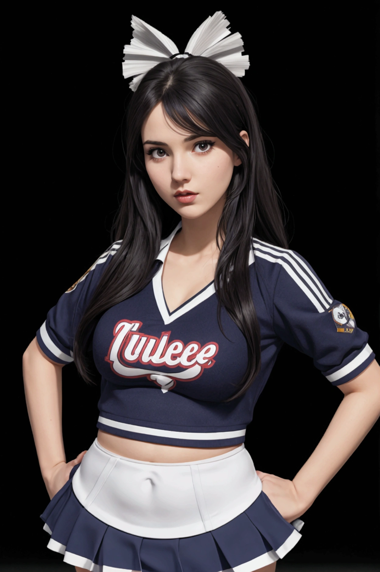 1woman, blueberry expansion, long black hair, cheerleader outfit