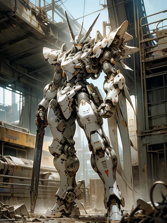 An ultra high definition, photorealistic picture of a sleek silver armored mecha reminiscent of Five Star Stories, designed by Mamoru Nagano, with intricate armor and markings, large shoulders, slim lower frame and legs, heavy weapons, standing in an abandoned desert city littered with broken mecha and ruined buildings and merciless dust.