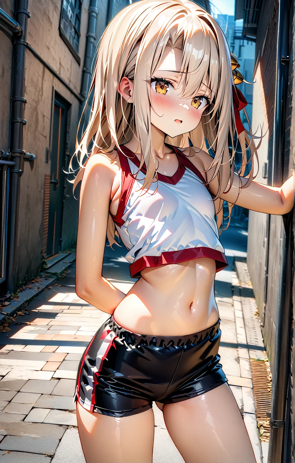 Ultra-detailed, 8K quality, 1 person, HDR, Perfect contrast, Perfect illustration, masterpiece, illyasviel von einzbern, small lolicon, school alleyway, tight school gym micro shorts, loose white school gym crop top, small petite curvy body, small