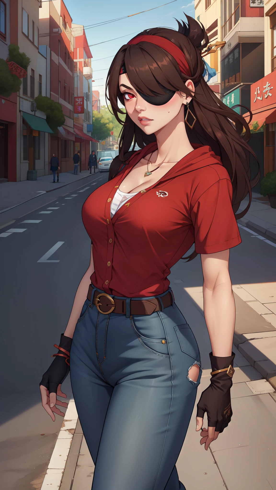 woman character, sweatpants, black hoodie (jewelry, headbands: 1.1, asian style), blindfold patch(pirate eye), Beidou LoRa, no more characters (extremely detailed CG unity 4k wallpaper ). wearing plaid shirt, denim shirt, chaps, belt, silver belt buckle, cowboy pants, cowboy red shirt, red neckerchief, cowboy hat, long_hair, red_eyes, fingerless_gloves, hair_adornment, medium breasts, not cleavage, hair_stick, brown_hair, hairpin, black_gloves, casual street clothes, comfortable clothes.