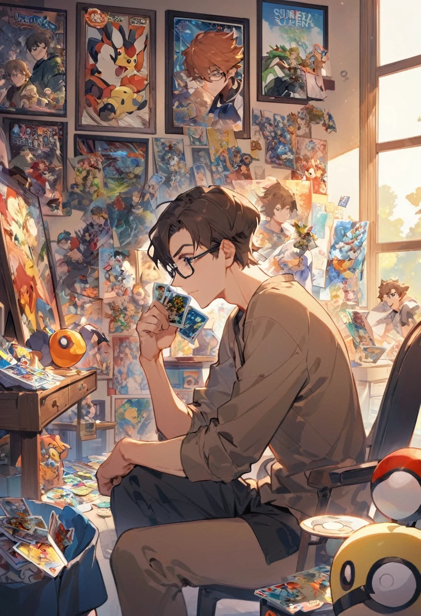 male character (human), adult, black to brown gradient color eyes, rectangular glasses with black frame and short hair, slightly grown on the back of dark brown color. Shy traits, sillitary appearance. Pokémon cards in hand as he watches them closely. bottom; Bedroom decorated with Pokémon stuff, cards, posters, video game, some anime figures, mostly nerdy and geeky looking, painting the room white. Pose sitting on a chair, close-up of his face (profile 3/4) mientras observa las cards. (SuperQuality:1.0)