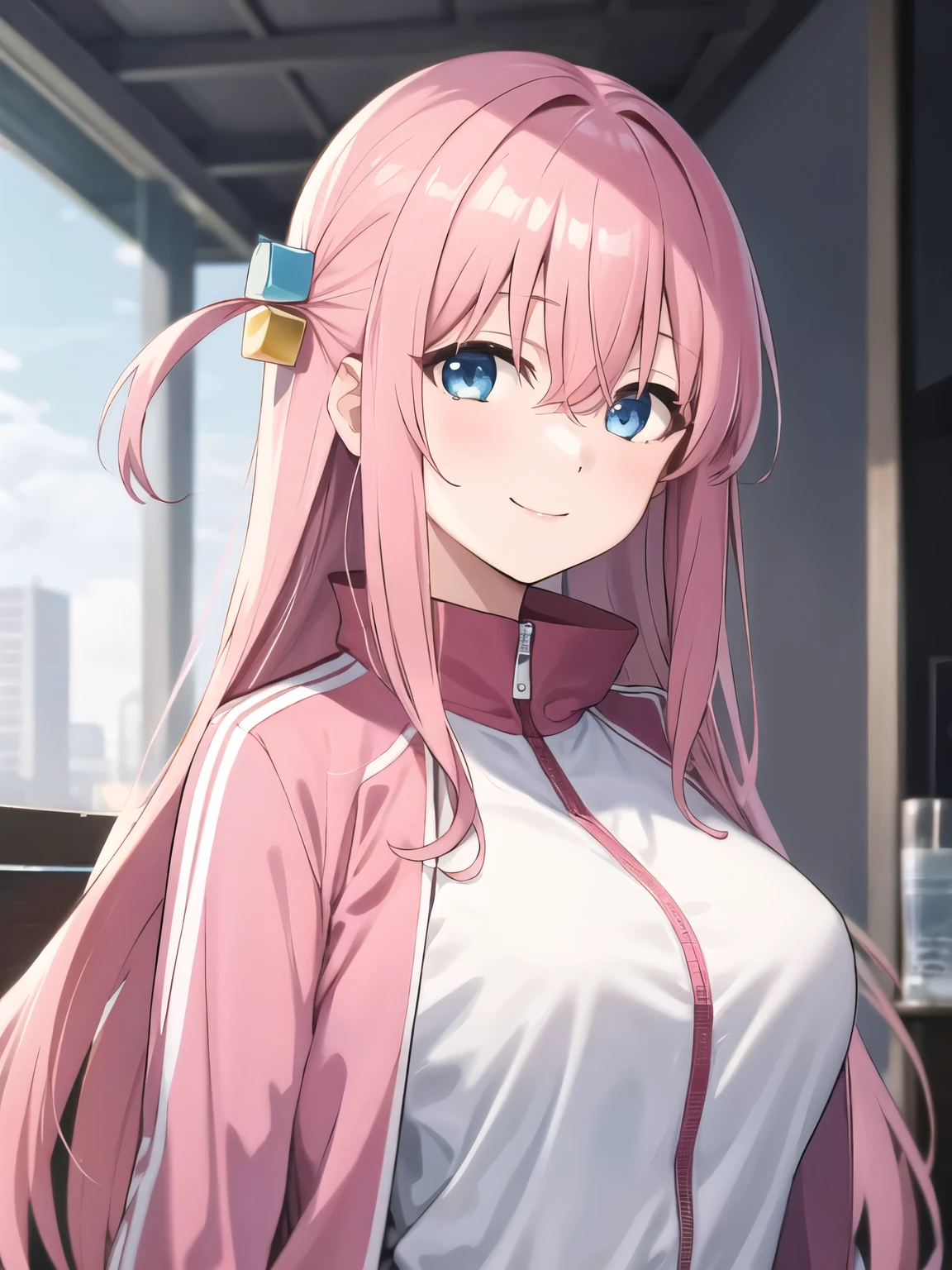gotoh hitori, 1girl, solo, long hair, looking at viewer, smile, one side up,pink track jacket, large breasts, blue eyes, hair between eyes,  cube hair ornament,upper body,pink hair, long hair 