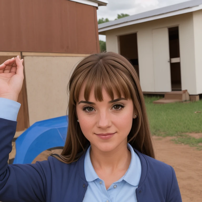 1 girl, alone, looking at viewer, smile, bangs, brown hair, brown eyes, full body, outdoors, sky, day, lips, school teacher, land vehicle, building, motor vehicle, realistic, car, photo background, real world location