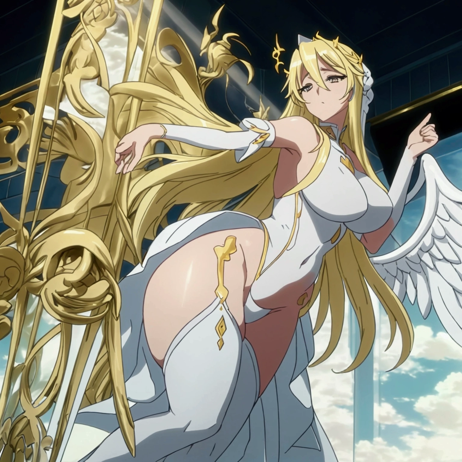 "An anime-style highly detailed image of a female angel with exaggerated proportions and curves, inspired by fantasy characters with voluptuous figures. The angel has large, glowing white wings, and wears a highly detailed white and gold very small outfit. Her body shows highly exaggerated curves, with a powerful and graceful presence. The background is celestial, filled with light and clouds, and her pose emphasizes her elegant, exaggerated form and divine beauty." Senos grandes, Alta resolución, 