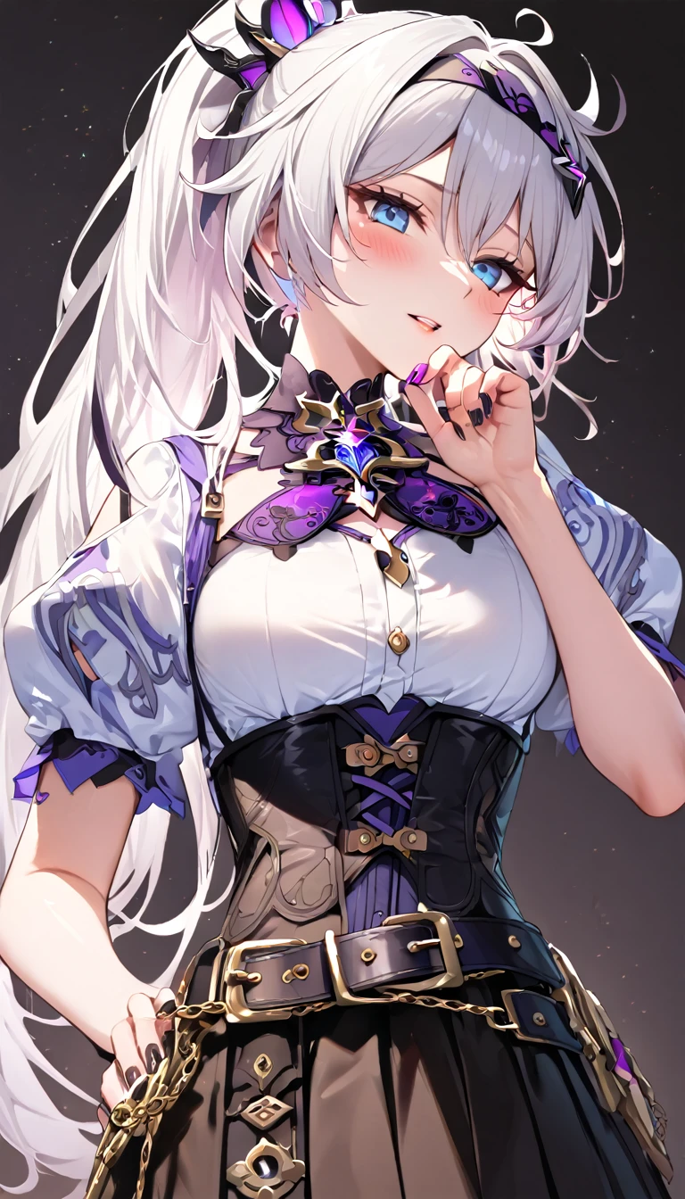 ultra HD, high-resolution, detailed, (highly detailed:1.5), (sharp focus:1.4), (crisp edges:1.3), 1girl, upper body, kiana kaslana \(honkai impact 3rd\), herrscher of finality, white hair, ahoge, ponytail, long hair, blue eyes, looking at view, blush, seductive smile, heavy breathing, (victorian embroidered blouse:1.6), (puff sleeves:1.5), (high-waisted corset belt:1.6), (black pleated skirt:1.4), (intricate brass chains:1.5), (gothic accessories:1.6), (ornate brooch:1.4), (gothic:1.5), (dark background:1.4), 