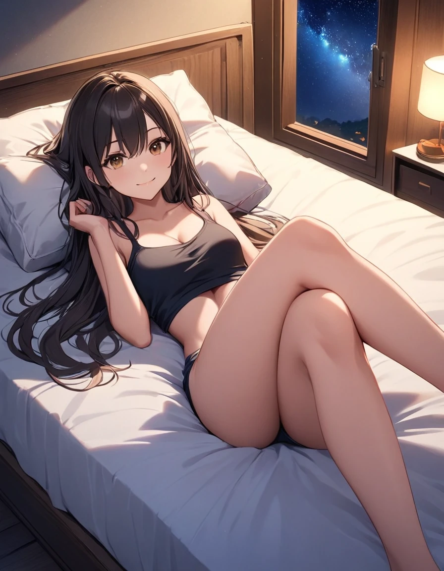 4k, bestquality, detailed, detailed scenery, detailed eyes, 1Girl, cute, adorable, straight hair, long hair, black hair, brown eyes, cleavage, full body, smiling, Looking into the camera, Bedroom, night, Starry Sky, tube top, lying on bed,
(on back:1.3),
(put head on pillow:1.3), (crossed legs:1.3), from above