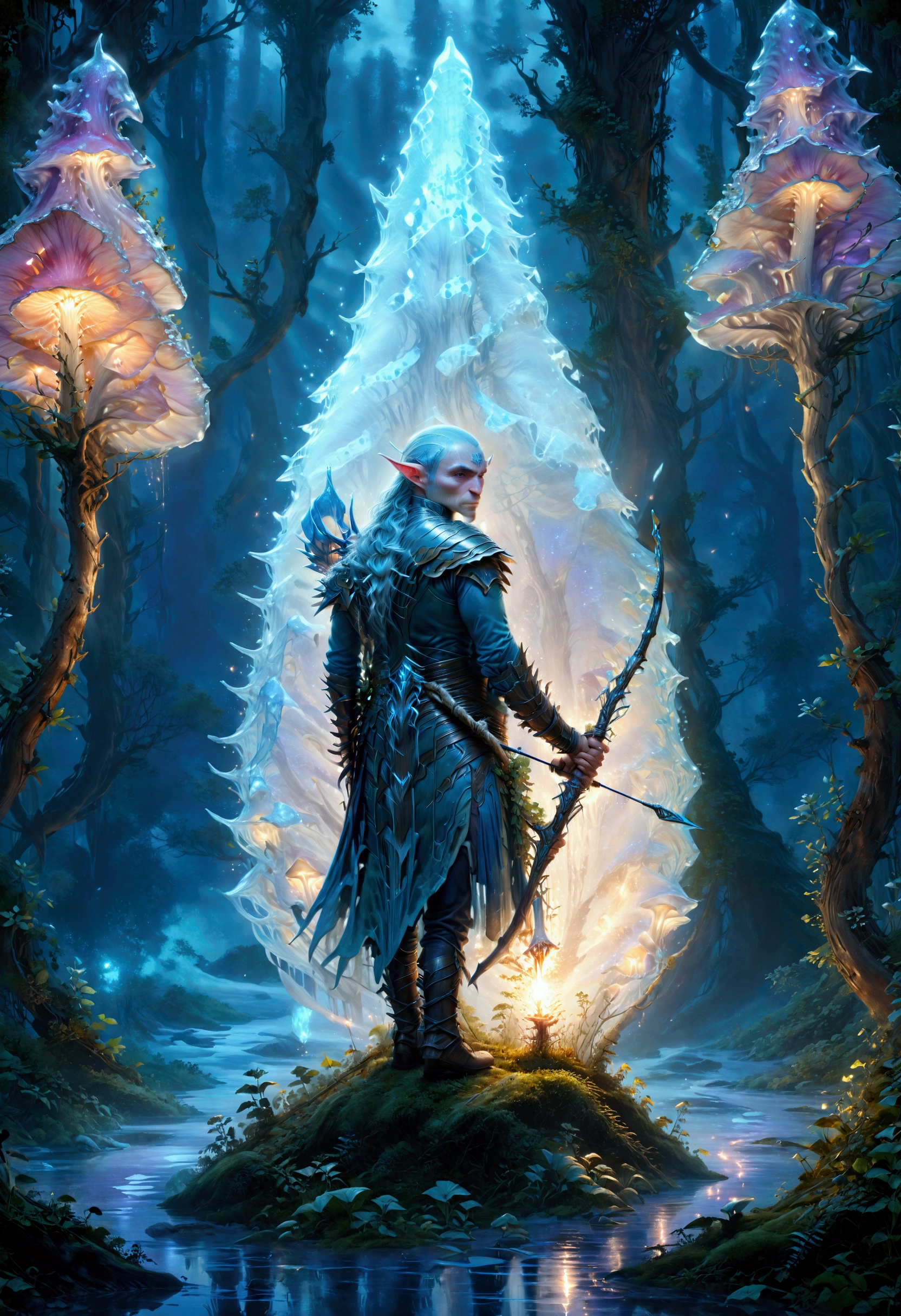 a beautiful tall male ice-elf on a forest path at twilight standing on an incredibly large bio luminous ice-mushroom holding a bow and arrow, Ultra detailed illustration of a person lost in a magical world of wonders, glowy, translucent, transparent, bioluminescent flora, incredibly detailed, pastel colors, handpainted strokes, visible strokes, oil paint, art by Mschiffer, night, bioluminescence