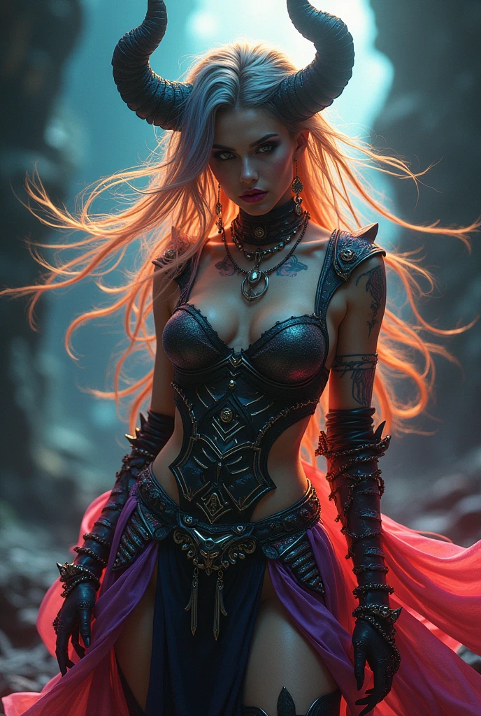 Create a hyper detailed photograph of a tattooed muscular young sexy female unholy paladin, Stunningly perfect gorgeous feminine face, perfect makeup, detailed neon eyes, long flowing hair, big beautiful muscular legs, big beautiful muscular arms, perfect hour glass body figure, detailed smooth skin, large breast, perfect round ass, complete full body portrait in view,