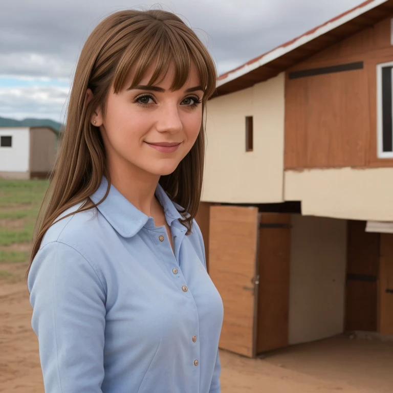 1 girl, alone, looking at viewer, smile, bangs, brown hair, brown eyes, full body, outdoors, sky, day, lips, school teacher, land vehicle, building, motor vehicle, realistic, car, photo background, real world location