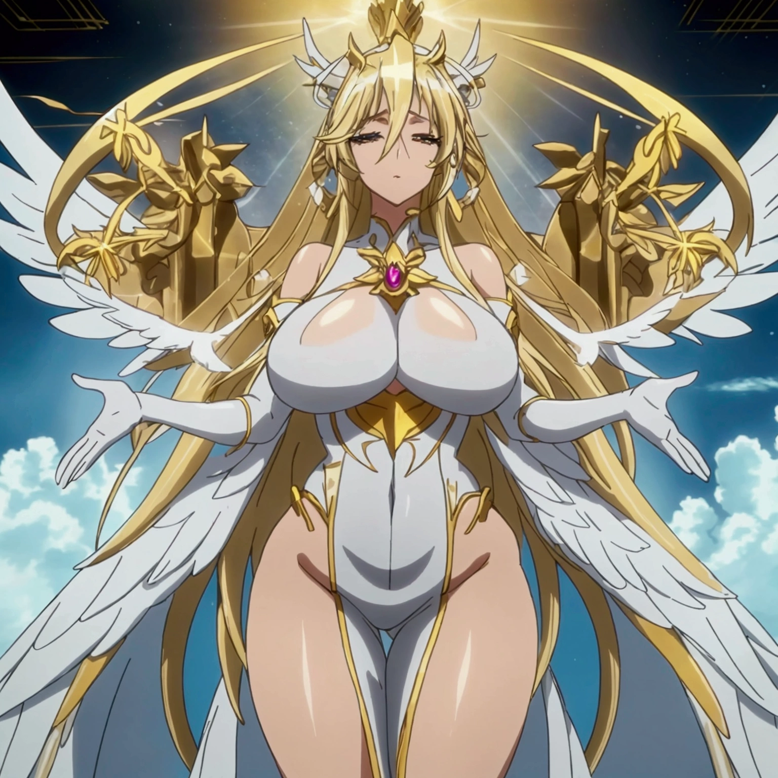 "An anime-style highly detailed image of a female angel with exaggerated proportions and curves, inspired by fantasy characters with voluptuous figures. The angel has large, glowing white wings, and wears a highly detailed white and gold very small outfit. Her body shows highly exaggerated curves, with a powerful and graceful presence. The background is celestial, filled with light and clouds, and her pose emphasizes her elegant, exaggerated form and divine beauty." Senos grandes, Alta resolución, 