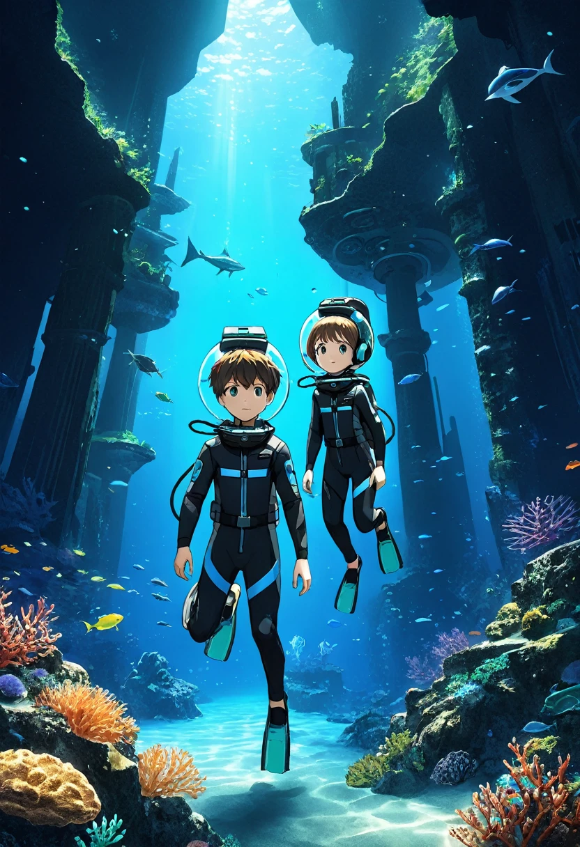 (best quality, masterpiece, absurdres, highres, ultra_detailed, dynamic angle:1.2), (multiple kids:1.4), ((full body wetsuit)), weight belt, (diving watch), fins, lama scuba helmet, close up full body image of 1 child boy and 1 child girl exploring ancient underwater ruins, swimming, ((underwater)), stalactites, stalagmites, front view, in dynamic pose, children, walls covered with (alien inscriptions:1.3), futuristic, headset with mic, sci-fi, (ancient alien city:1.25), biomes, bioluminescence, (deep sea:1.4), (ocean abyss:1.4), (intricate details, hyperdetailed:1.15), (ultrahigh resolution textures), bokeh, dim blue lighting, volumetric lighting, cinematic lighting, caustics, futuristic lighting, depth of field, 