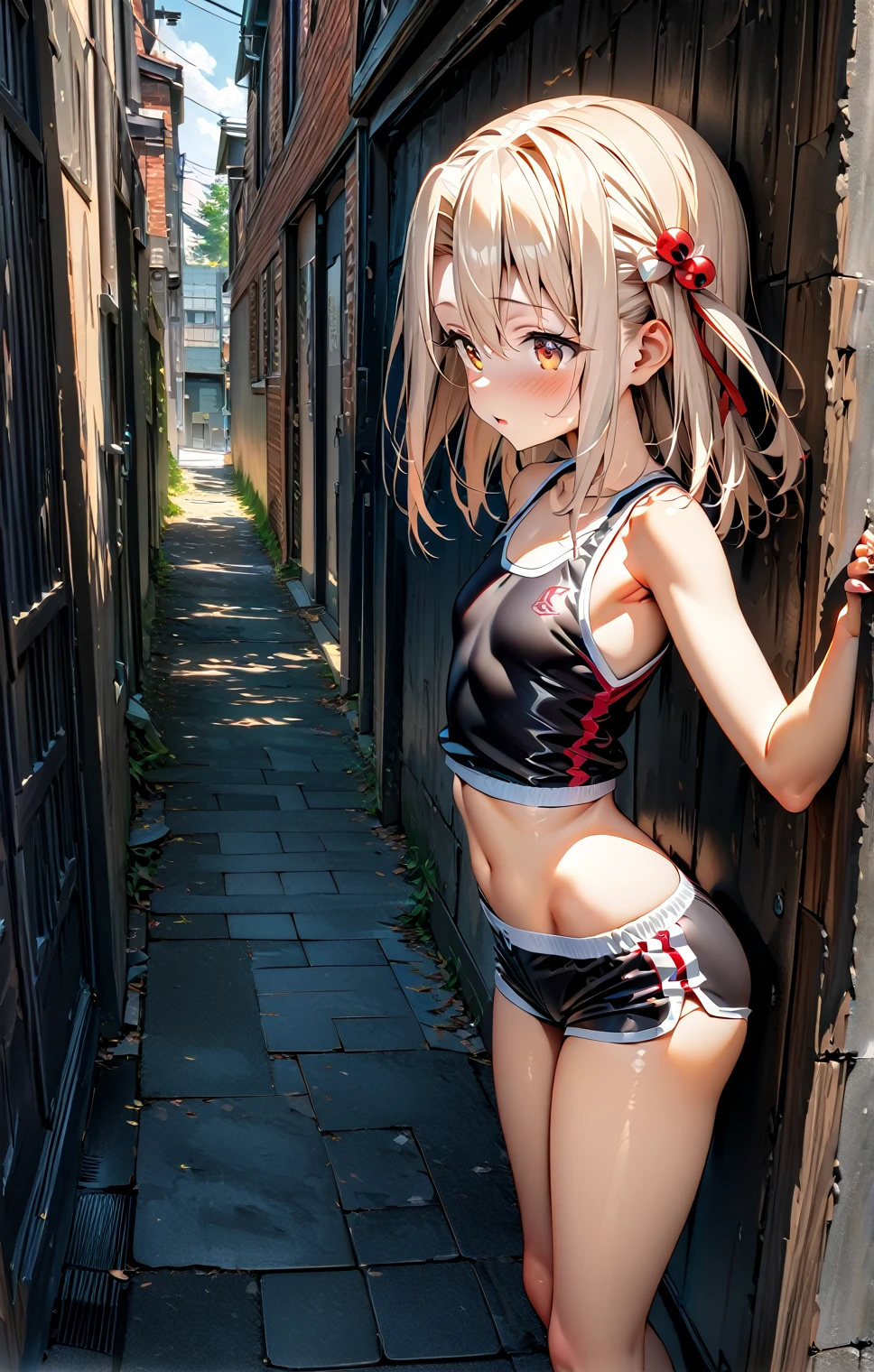 Ultra-detailed, 8K quality, 1 person, HDR, Perfect contrast, Perfect illustration, masterpiece, illyasviel von einzbern, small lolicon, school alleyway, tight school gym micro shorts, loose white school gym crop top, small petite curvy body, small lolita