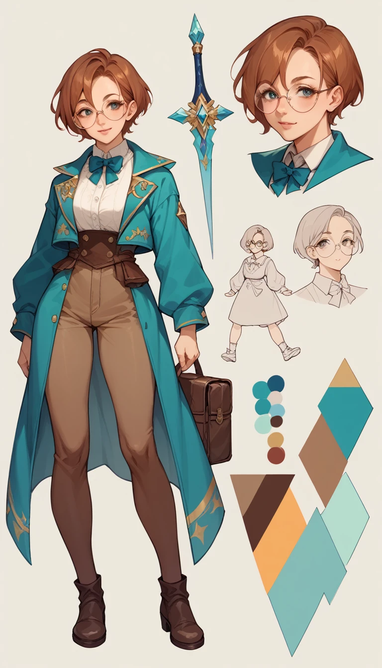 ((masterpiece)),(((best quality))),((character design sheet)), ((full body view)) illustration, short hair, cute, round glasses, sexy outfit