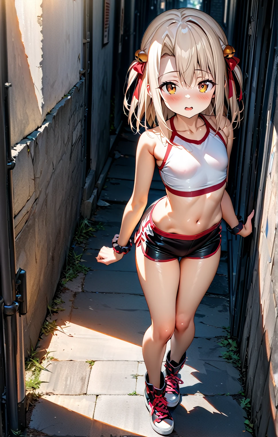 Ultra-detailed, 8K quality, 1 person, HDR, Perfect contrast, Perfect illustration, masterpiece, illyasviel von einzbern, small lolicon, school alleyway, tight school gym micro shorts, loose white school gym crop top, small petite curvy body, small lolita, cute, smegma