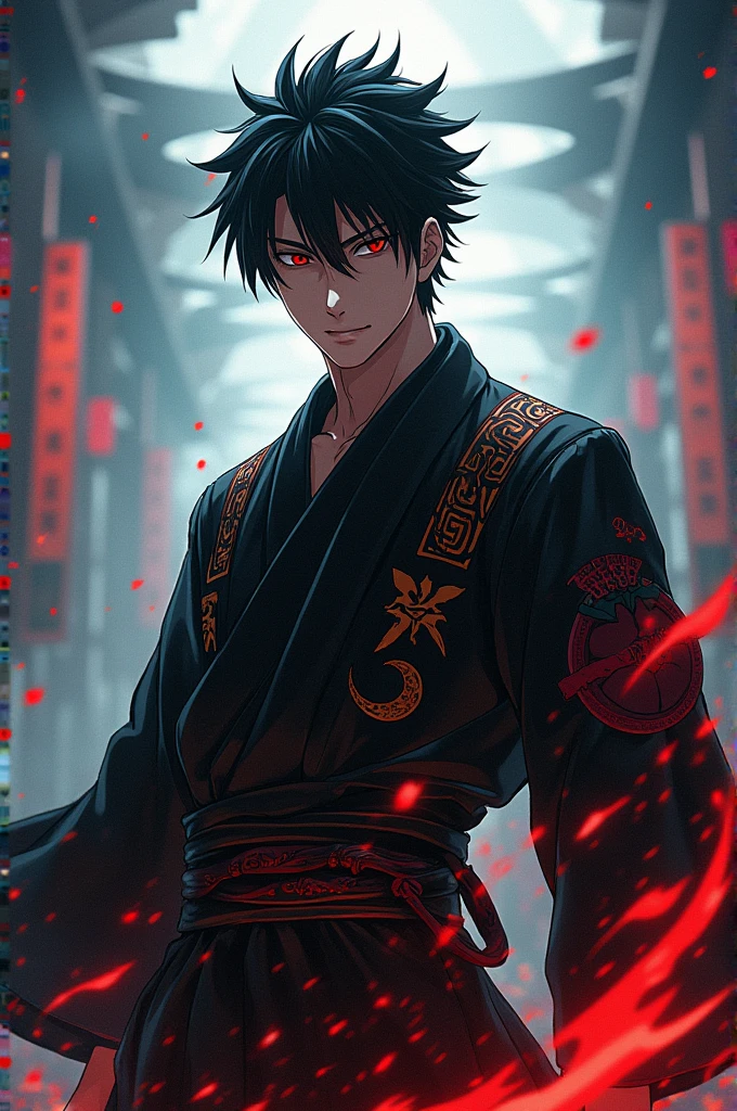 absurdres, highres, ultra detailed, HDR, master piece, best quality, extremely detailed face and eyes, Wriothesley, black long hair, expressive crimson eyes, 1 man kneeling down, extremely handsome, chained hands, chains around his body, snow, snowflakes, snowing, night, trees, red haori, black kimono