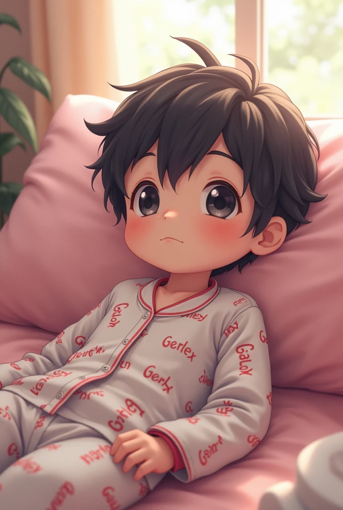 A (oh really, ) Dark brown hair wavy but tangled and a little messy, turquoise eyes, He is wearing blue pajamas, and he was in his little bed and in a bright room, It was morning, and he had a tired face. anime style.