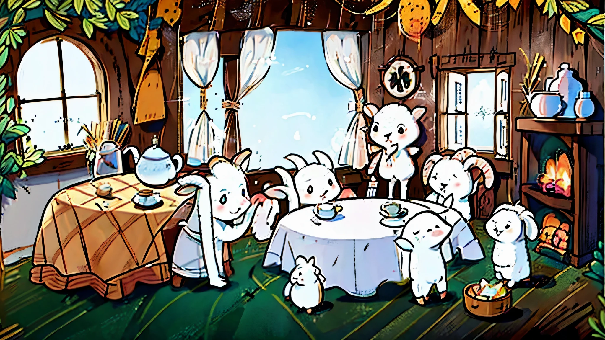 Line Art，Black and White，masterpiece, high quality, (An anthropomorphic lamb)，(An anthropomorphic sheep mother)，kitchen，Dining room，1 table 6 chairs，(Two semicircular windows)，curtain，Clean environment，Log style，Kitchenware Storage，Barbecue Grill，Tableware Storage Cabinet