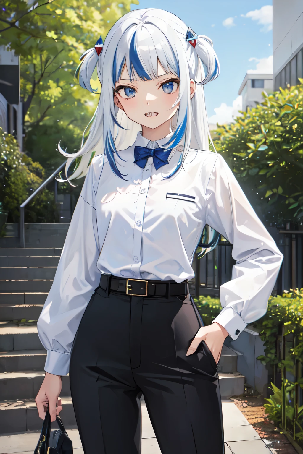 gawr gura, 1girl,solo,white shirt, collared shirt,  small breasts, shirt tucked in,formal, black pant,  long sleeves, gray hair, hair ornaments,two side up, streaked hair, sharp teeth, outdoors, belt, suit, business women