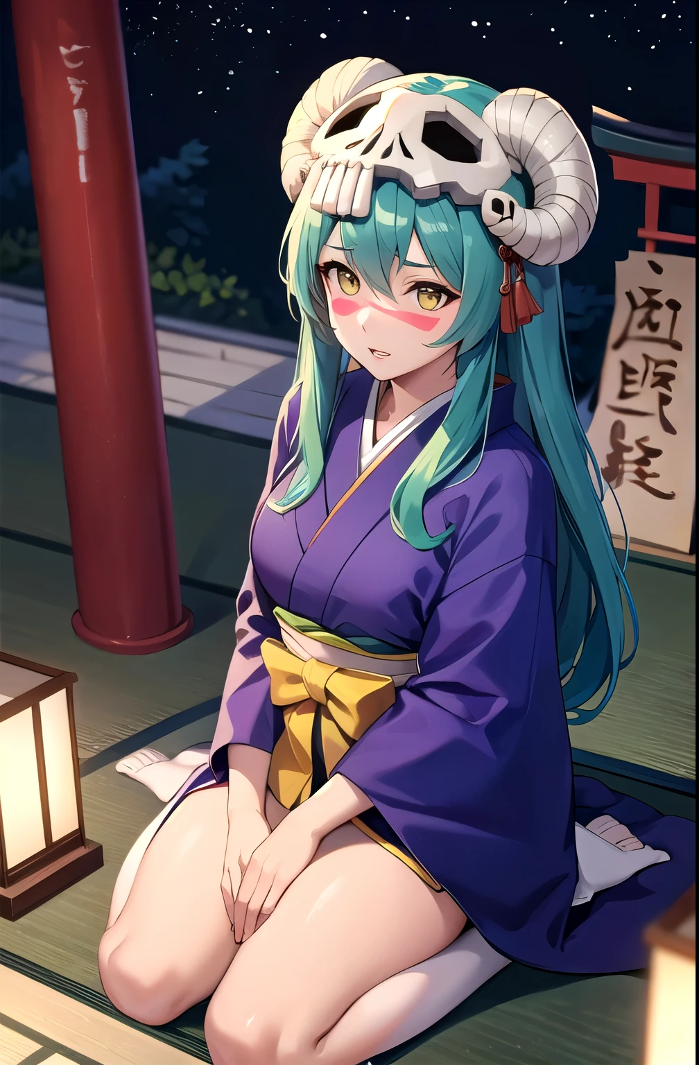 (masterpiece, best quality, detailed), 1girl, solo, nelliel tu odelschwanck, green hair, long hair,skull,yellow eyes, facial mark,
(samurai), japanese armor, kusazuri, sode, kote, sheath, japanese clothes, hakama, outdoors, night, torii, shrine, east asian architecture, wariza, hand between legs, from above, parted lips