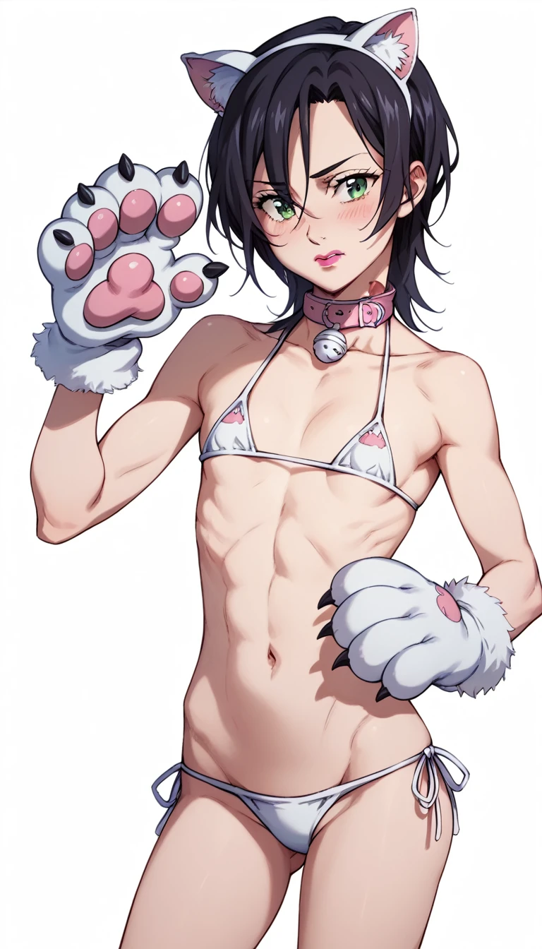 merlin, merlin (Nanatsu no tazia), black hair. She wears pink lipstick in the anime, red boar mark on the left side of her neck, EYE COLOR Dark mustard, flat chest, very small breasts, posing embarrassed, mega blushed, mega tiny bikini, transparent bikini, fake cat ears, cat paw gloves, Crawling 