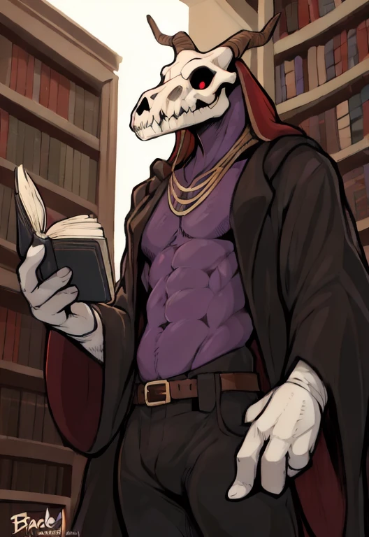 (by zackary911, by braeburned, by haps, anime) anthropomorphic, solo, human anatomy, skinny muscles, skinny, slim, lean, fit body, naked, nude, abs, biceps, adult, tall, mature, anthro, lean, anime, (elias ainsworth, horns, skull mask, canine skull, red eyes, purple body), (veil, white gloves, gloves, black pants, belt, golden necklaces, black coat, black robe), (standing, library, holding book, reading book)