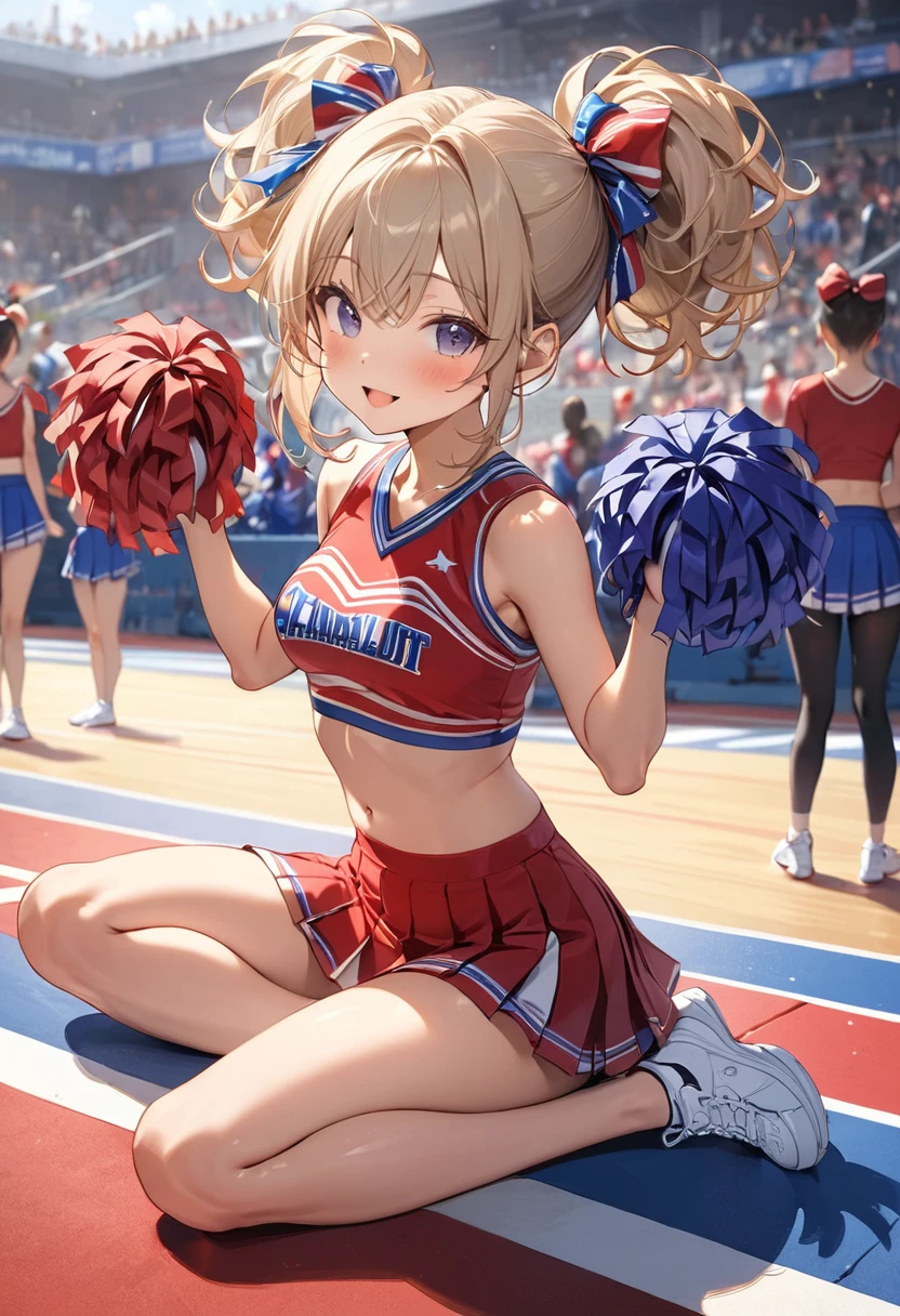 (masterpiece, best quality:1.2), 1girl, full body,cheerleaders,random hair style,random haight,random body style,(pom-pom in both hands:1.3), gymnastics sitting