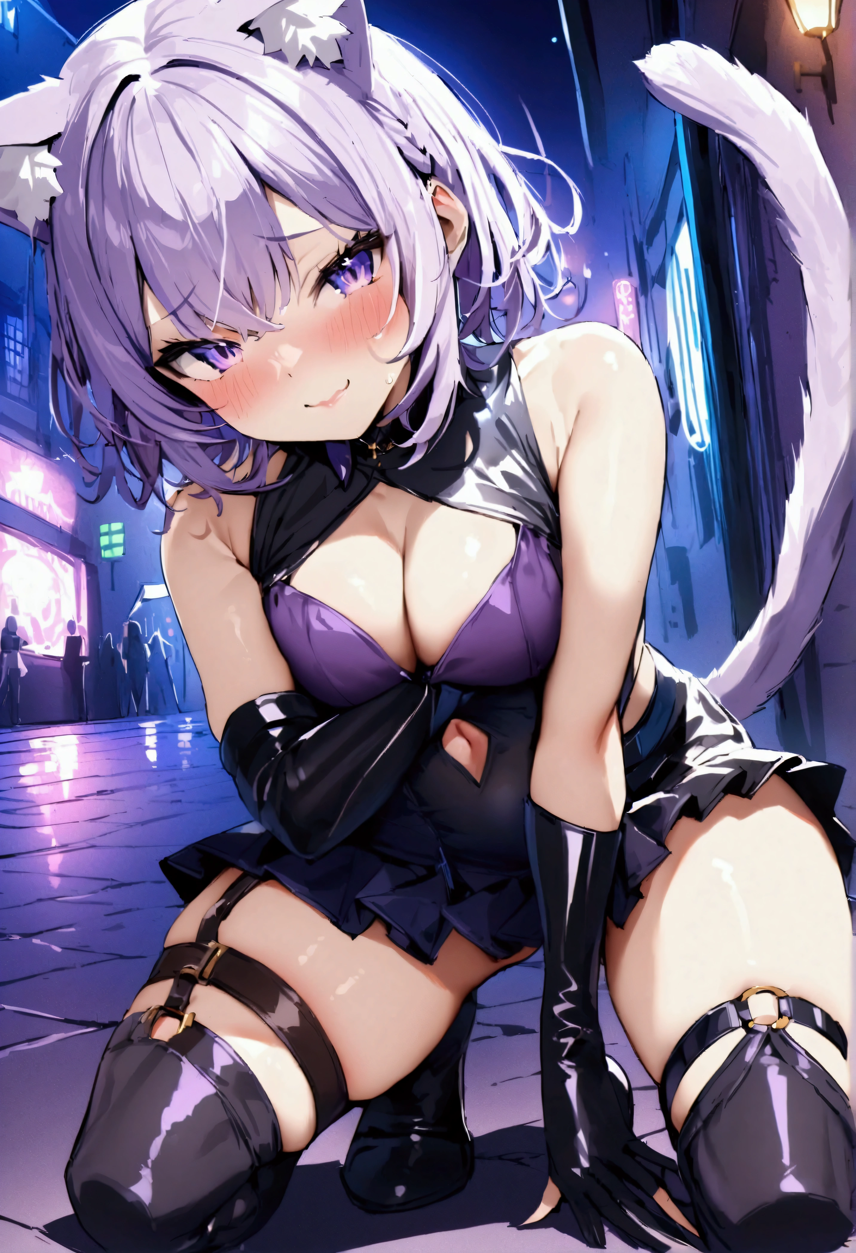 NSFW,masterpiece,Highest quality,High resolution,Very detailed,Cat porridge\(Hololive\),Purple Hair,Short Hair,Cat ear,tail,Purple Eyes,leotard,Shoulder Bare,Cleavage cutout,mini skirt,Thigh straps,Knee-high boots,Bad Smile,Sexy pose,Fantasy,Nightlife,In town