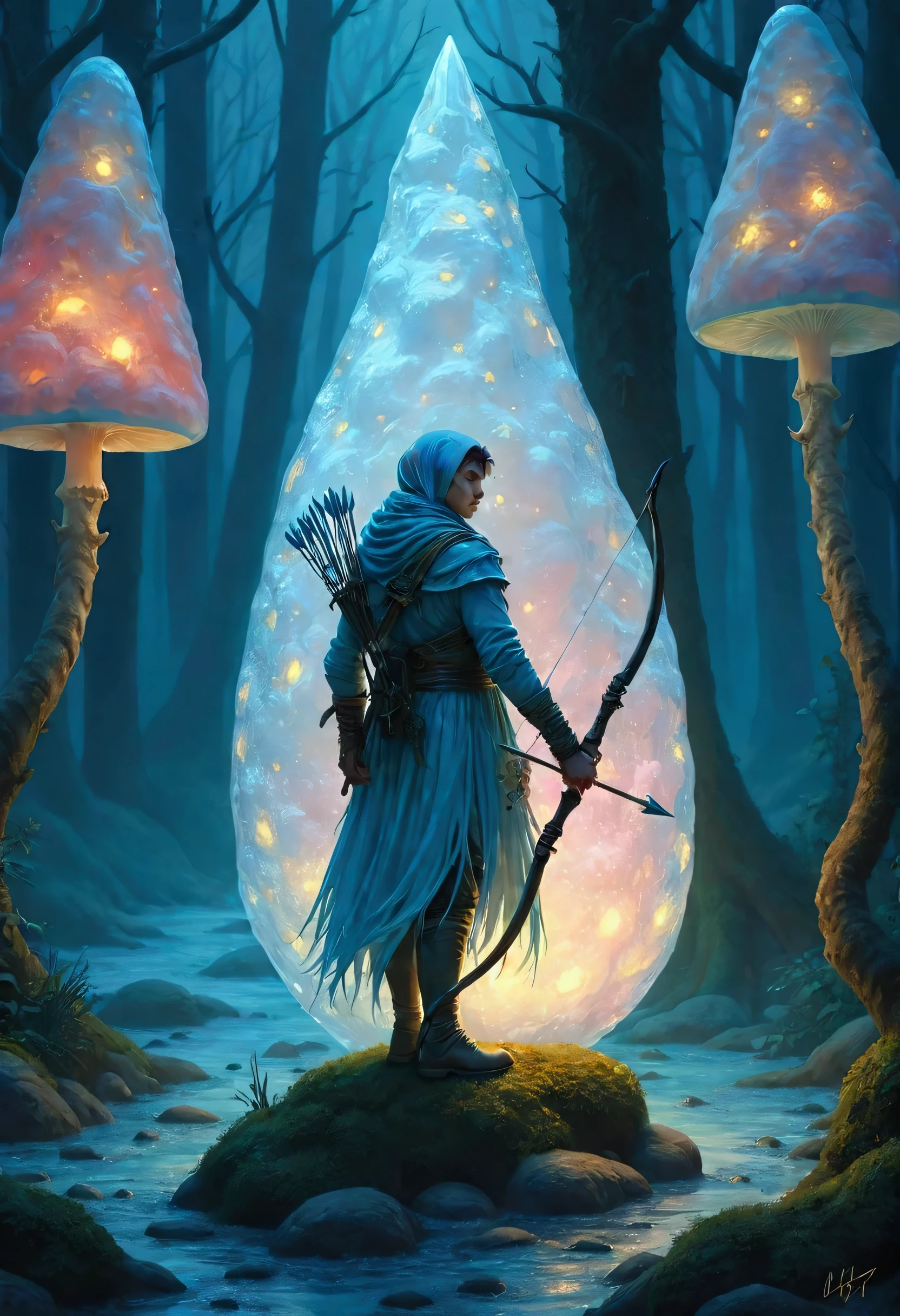 a beautiful tall male ice-elf on a forest path at twilight standing on an incredibly large bio luminous ice-mushroom holding a bow and arrow, Ultra detailed illustration of a person lost in a magical world of wonders, glowy, translucent, transparent, bioluminescent flora, incredibly detailed, pastel colors, handpainted strokes, visible strokes, oil paint, art by Mschiffer, night, bioluminescence