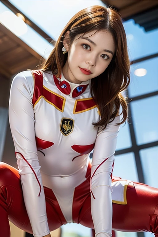 （8k、RAW Photos、Highest quality、masterpiece：1.2),(Legs wide open),(:1.4),Staring at the audience,Viewed from the front,erotic,White skin,(A partially removed red plug suit revealing her skin:1.7),Absurd,、Ultra-high resolution,One person, solo,whole body,Japanese women,（Photorealistic：1.37）、Photon Mapping,Realistic、(Angle from below the front、Cowboy Shot: 1.6)、(Contemptuous expression: 1.7)、(Detailed face: 1.7)、Radio City、Physically Based Rendering、prospect、Depth of field rally background、picture,Beautiful feet, I can see your knees,thigh,Nogizaka Idol、Sit on the desk and spread your legs、Small breasts、Detailed nipple shape、Detailed breast shape、(Grab your chest、I can see her cleavage)、Earrings, Open your mouth a little, Drooling, Textured skin, High detail, Detailed pubic shape、Detailed groin area、slender、Sweaty、Anatomically correct, High detail, Take a closer look, Licking your lips, Show your arms、Exposing bare skin from the thighs to the legs、Beautiful buttocks line、Spread your legs、Beautiful clavicle、