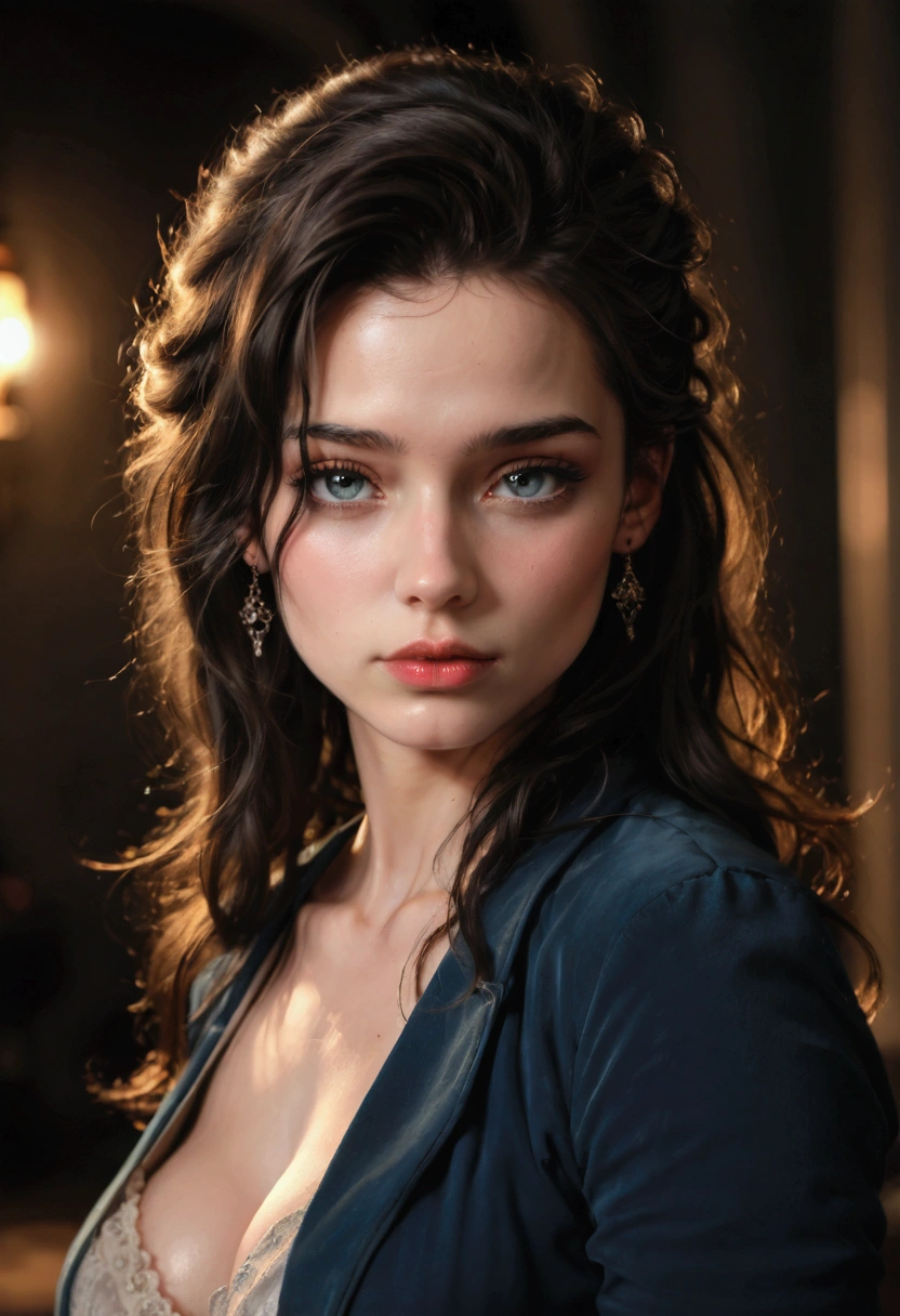 a beautiful detailed portrait of intricate and detailed facial features, unique expression, highly detailed and realistic, HDR, 8K, photorealistic, studio lighting, dramatic lighting, cinematic, moody, dark fantasy, deep saturated colors, intense atmosphere