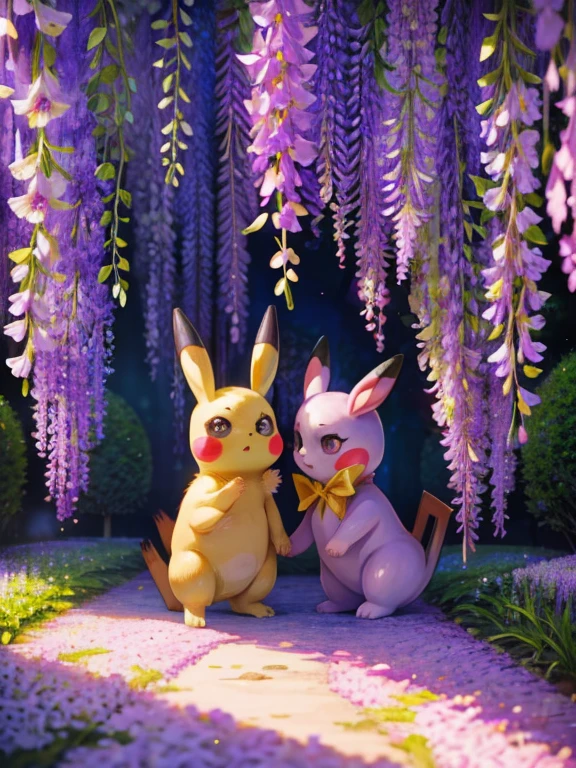 Wisteria flower, Many many shining wisteria flowers, A lot of shining wisteria flowers in an arch shape, Enchanting Locations, Wisterias and Illumination in Ashikaga Flower Park, World of Wisteria Plants, A stuffed Pikachu doll is Leave on the floor, ((masterpiece)), (Photorealistic), (High resolution, Best Quality, Super detailed), Highly detailed CG, (Highly detailed flower:1.2), No humans 